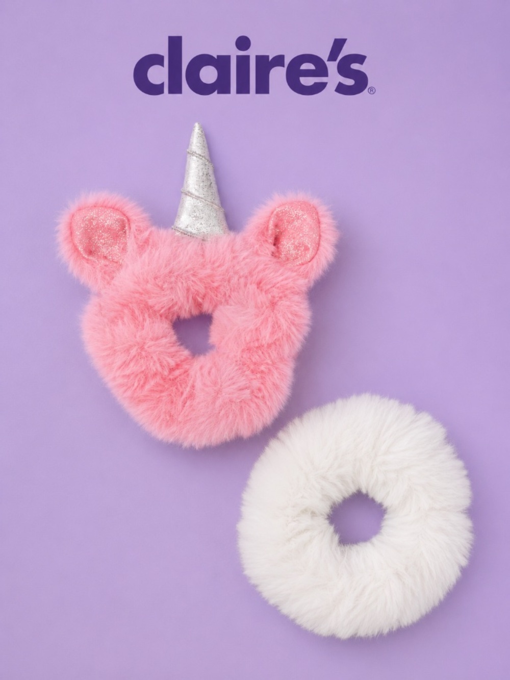 Claire’s Club Pink & White Faux Fur Unicorn Scrunchie Set NWT | Fluffy